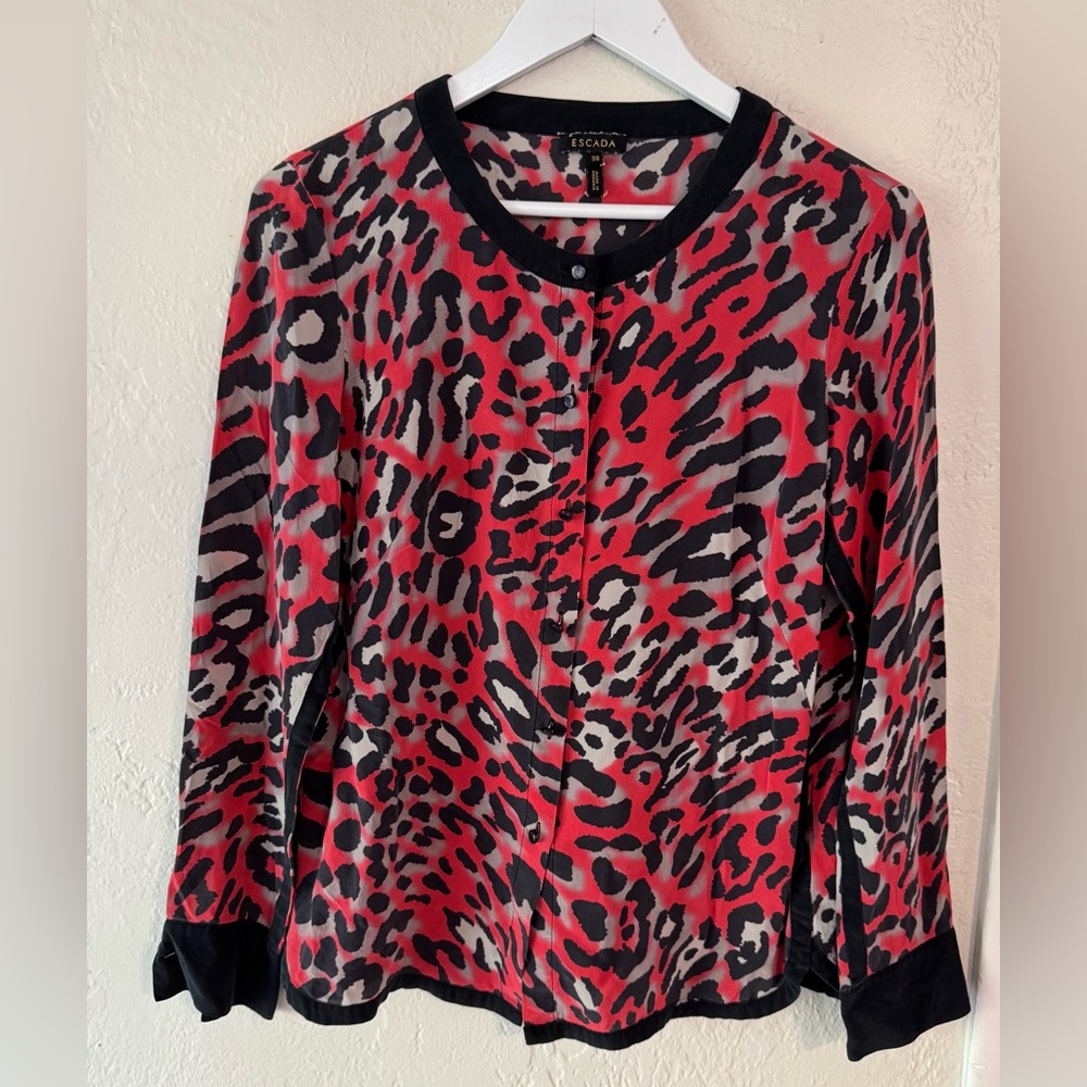 Escada Animal Print Cheetah Silk Button Down Blouse Designer Work Career Office